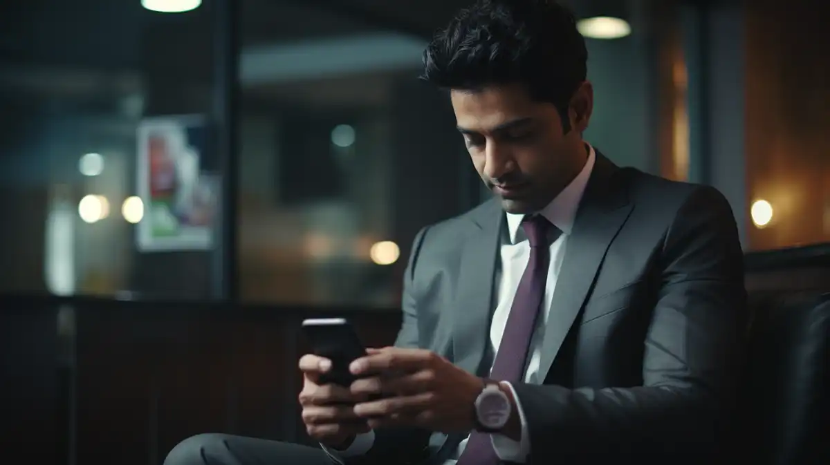 Indian business man face down looking at his phone